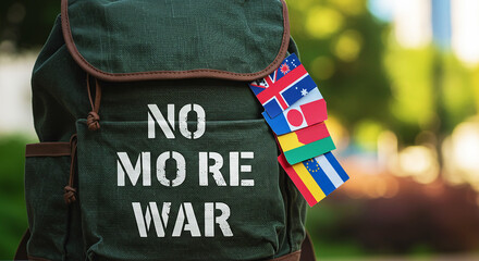 Backpack with no more war message and international flags attached to the front pocket outdoors