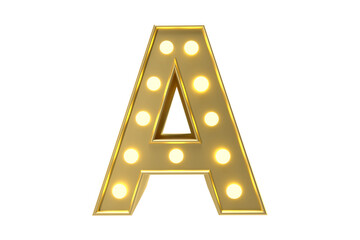 Gold marquee letter a illuminated with warm lights isolated on black background