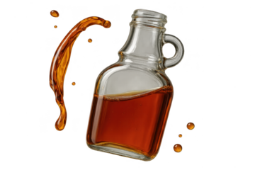 Maple syrup in a glass bottle on a transparent background, isolated, delicious