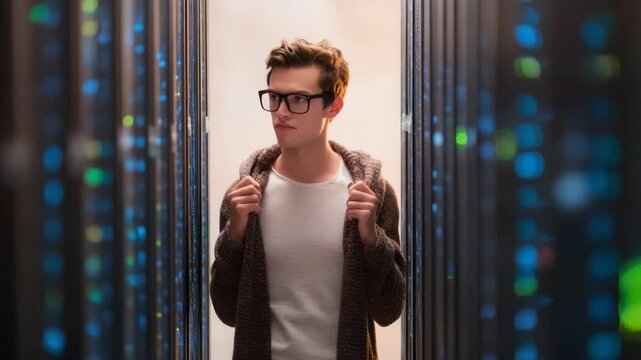 A young male IT specialist in glasses and a cardigan stands in a data center with rows of computer towers. He stands in front of three server racks with colored lights, watching them work.