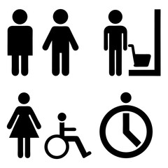 Design a clean and minimalistic icon set in black and white representing common public facility signs. Include icons for male restroom, female restroom, accessible restroom (wheelchair)