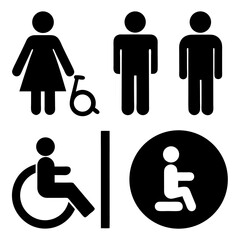 Design a clean and minimalistic icon set in black and white representing common public facility signs. Include icons for male restroom, female restroom, accessible restroom (wheelchair)