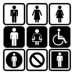 Design a clean and minimalistic icon set in black and white representing common public facility signs. Include icons for male restroom, female restroom, accessible restroom (wheelchair)