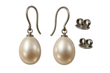 Elegant pearl earrings and earring backs, isolated on transparent background, fine jewelry