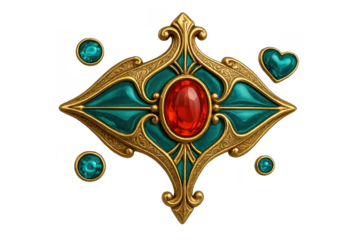 Ornate diamond shaped jewelry isolated on transparent background with red gem