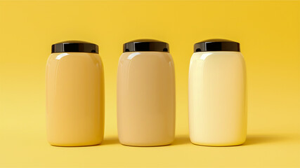 Three pastel-colored cosmetic containers on yellow background