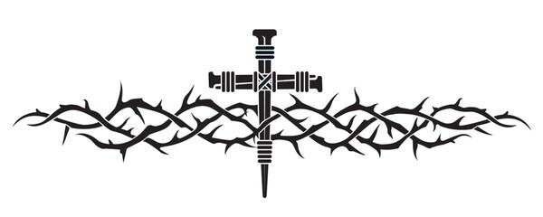 jesus thorn crown, cross and nails isolated on white background