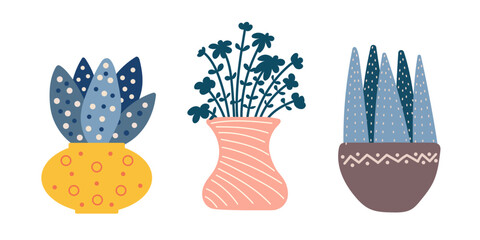 Set of interior plants. Office potted plants. Hand drawn plants collection.