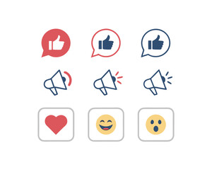 Social Media Icons Set Thumbs Up, Megaphone, Heart, Emojis