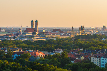 Munich at dawn on a hot summer day as panorama.