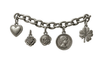 Detailed silver charm bracelet isolated on transparent background, antique looking