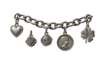 Detailed silver charm bracelet isolated on transparent background, antique looking