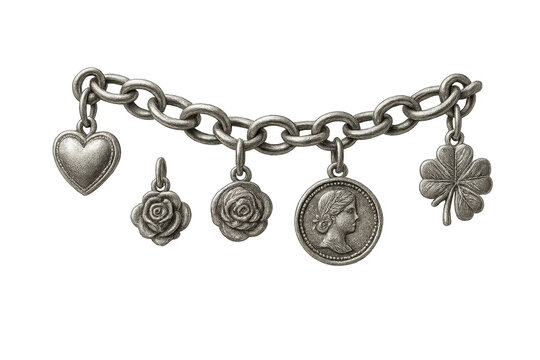 Detailed silver charm bracelet isolated on transparent background, antique looking