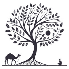 Obraz premium A camel approaches a serene person sitting beneath a lush tree with an apple hanging from its branches