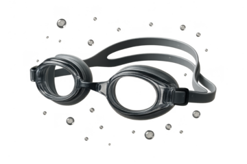 Black swimming goggles isolated on transparent background, with water bubbles