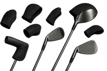Isolated set of golf clubs with black covers on transparent background, sport