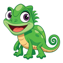 Naklejka premium Vibrant green cartoon chameleon illustration with a joyful smile and friendly big eyes, an adorable reptile character perfect for engaging children's content