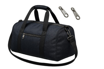Fototapeta premium Navy blue duffel bag with zipper pulls isolated on a transparent backdrop