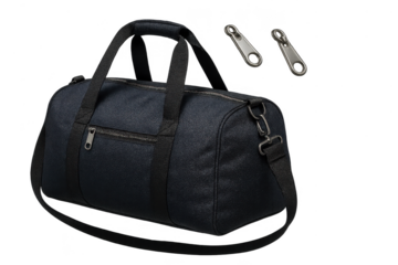 Navy blue duffel bag with zipper pulls isolated on a transparent backdrop