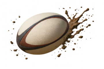 Muddy rugby ball isolated on transparent background, sports equipment detail