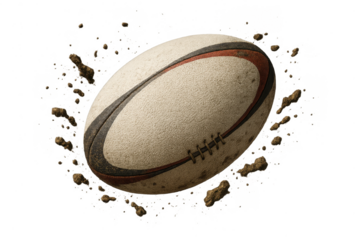 Rugby ball with dirt splash effect isolated on transparent background, gritty