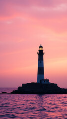 Solitary Lighthouse at Sunset Over Pink Sea vertical