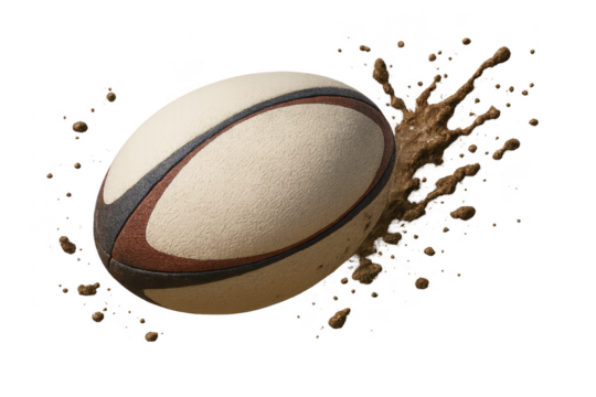 Muddy rugby ball isolated on transparent background, sports equipment detail
