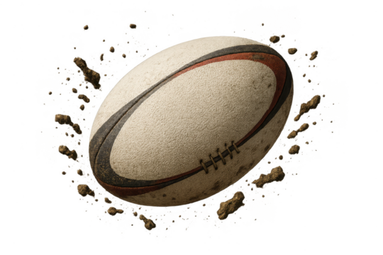Rugby ball with dirt splash effect isolated on transparent background, gritty