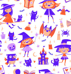 Cute Seamless Halloween Pattern with Witches, Cats, and Potions Purple Cartoon Doodle Style