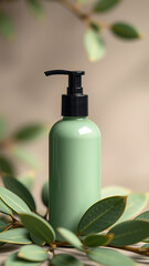 Sage Green Refillable Cosmetic Bottle blank mockup with Eucalyptus Leaves vertical