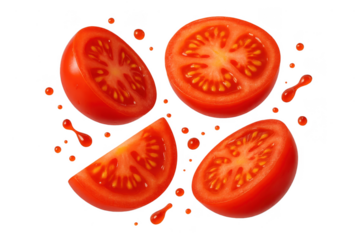 Fresh juicy tomato slices with juice drops isolated on transparent background