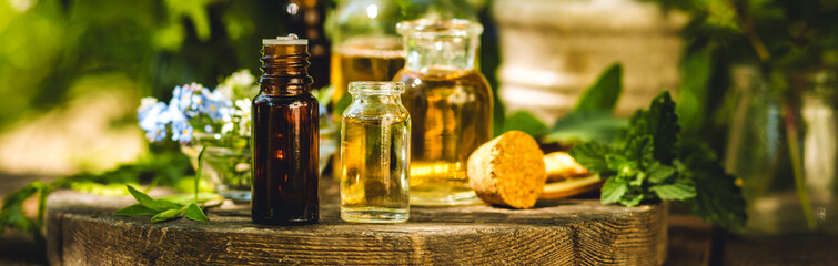 Banner. Natural ingredients in cosmetic, medicine. Assortment of organic essential oil in glass bottles, herbal extracts, medical flowers herbs. Alternative therapy, aromatherapy. Perfumery production