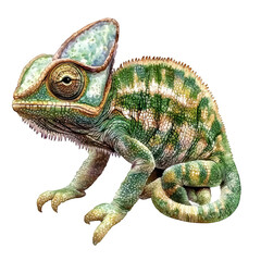 Obraz premium Colorful chameleon resting on a branch, surrounded by lush greenery in a vibrant jungle setting