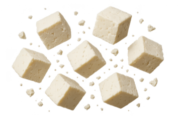 Cubes of fresh feta cheese floating isolated on transparent background, cut out