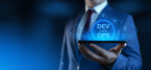 Businessman holding smartphone with Dev Ops Development Operations icons on screen