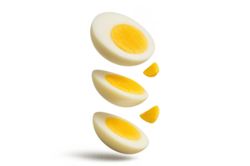 Boiled egg halves levitating, isolated on a transparent background, protein
