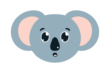 Adorable delighted koala face, round ears. Playful, comical Australian marsupial animal showing admiration. Gray head. Cartoon for icons, stickers, emoji, children books. Isolated. Vector illustration