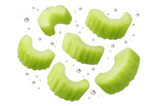 Fresh celery slices isolated on transparent background, healthy food concept
