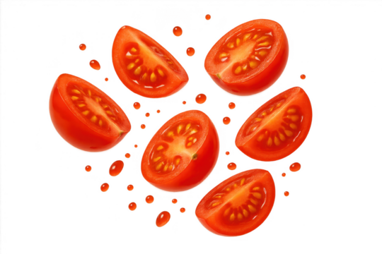Vibrant red tomato slices floating, isolated on transparent background, cut-out