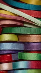 Colorful collection of fabric ribbons for crafting displayed together in a chaotic yet vibrant arrangement vertical