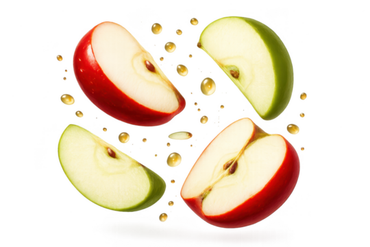 Slices of fresh apples with juice droplets isolated on a transparent background.