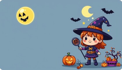 Fototapeta premium a cute cartoon halloween illustration with festive and spooky themed elements, subject positioned on the right side with clear copy space on the left for photo use.