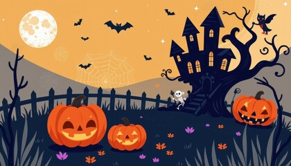 cartoon halloween illustration in abstract style, cute and spooky themed design with festive seasonal vibes, subject positioned at the top with clear copy space at the bottom for photo use.