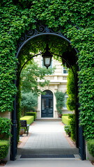 Fototapeta premium Ornate Black Iron Archway Entrance Overgrown with Greenery Leading to a Building vertical