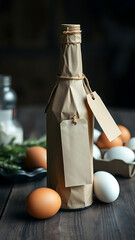 Kraft Paper Bottle with Blank Tag Near Eggs on Wooden Table vertical