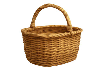 Woven wicker basket with arched handle, isolated on transparent background, ideal for picnic or market scenes
