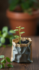 Green Plant Sprout in Compostable Pouch on Wooden Table vertical