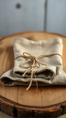 Folded Beige Apron with Jute String on Rustic Wooden Board vertical