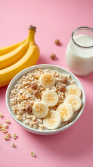 Flatlay of Oatmeal with Banana Slices and Milk on Pink Background vertical