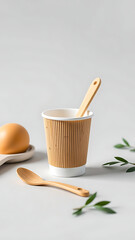 Eco-Friendly Bamboo Cutlery Set and Paper Cup on Light Grey Background vertical